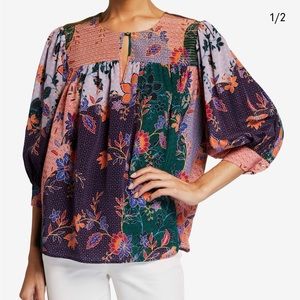 Johnny Was Denab Floral Print Keyhole Blouse M